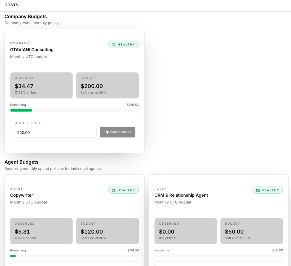 AWA AI Teams company and agent budgets
